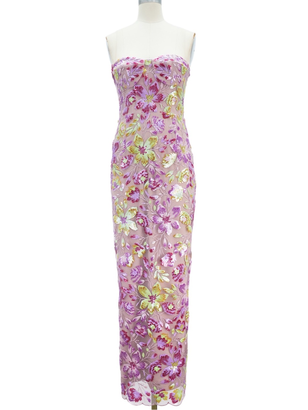 Bronx & Banco Dahlia Embroidery Sequin Strapless Maxi Dress in Pink Green Multi - Picture 2 of 3